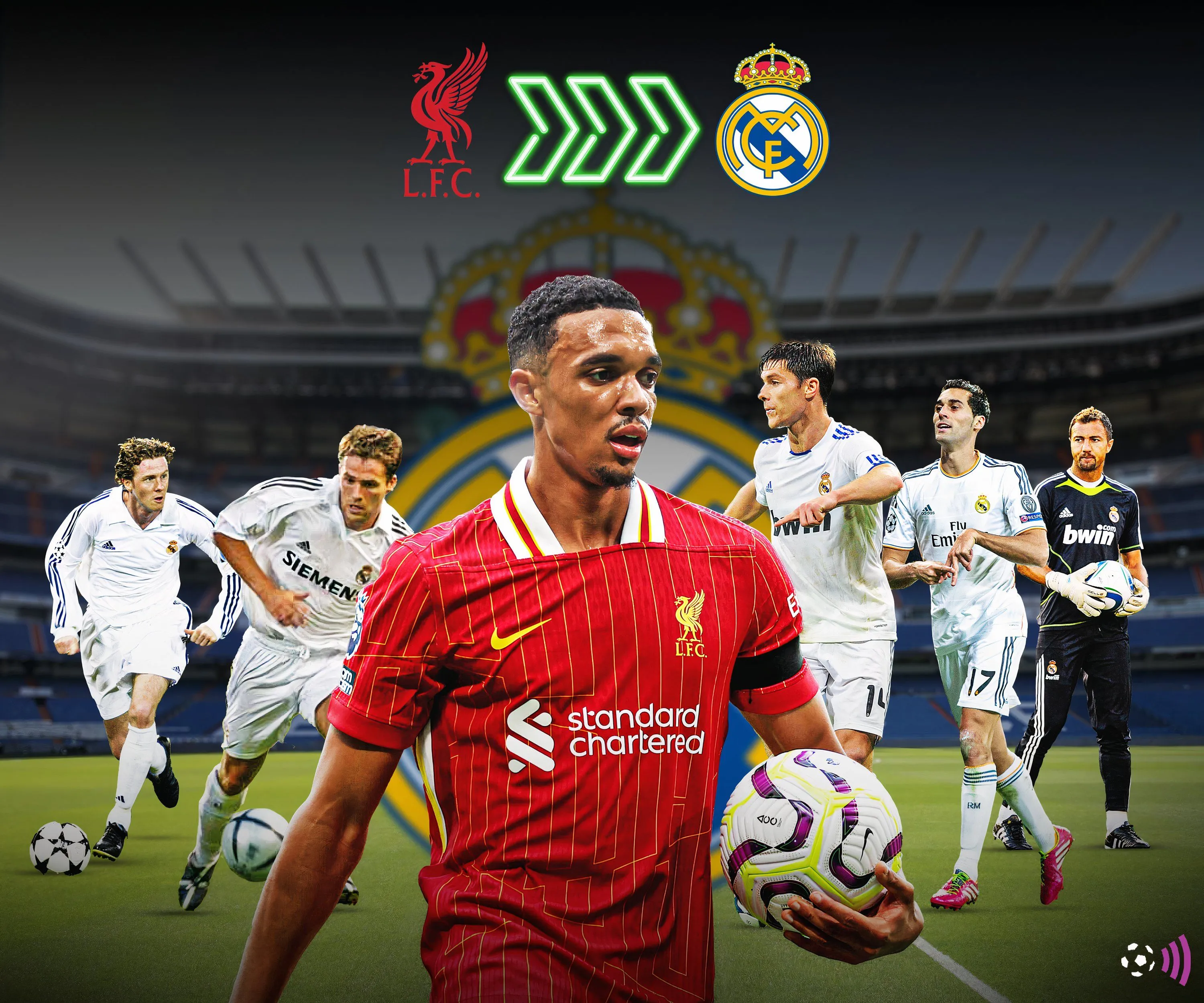 Trent Alexander-Arnold bên cạnh các huyền thoại từng khoác áo cả Liverpool và Real Madrid như Owen, McManaman, Alonso